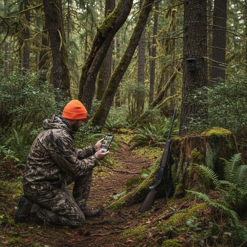 Jäger prüft Wildkamera-Ergebnisse im Revier mit Smartphone