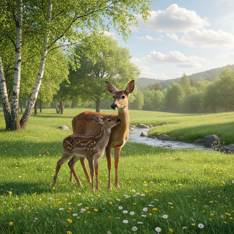 Rehkitz und Mutter auf Wiese — Wildbestand Rehwild Monitoring