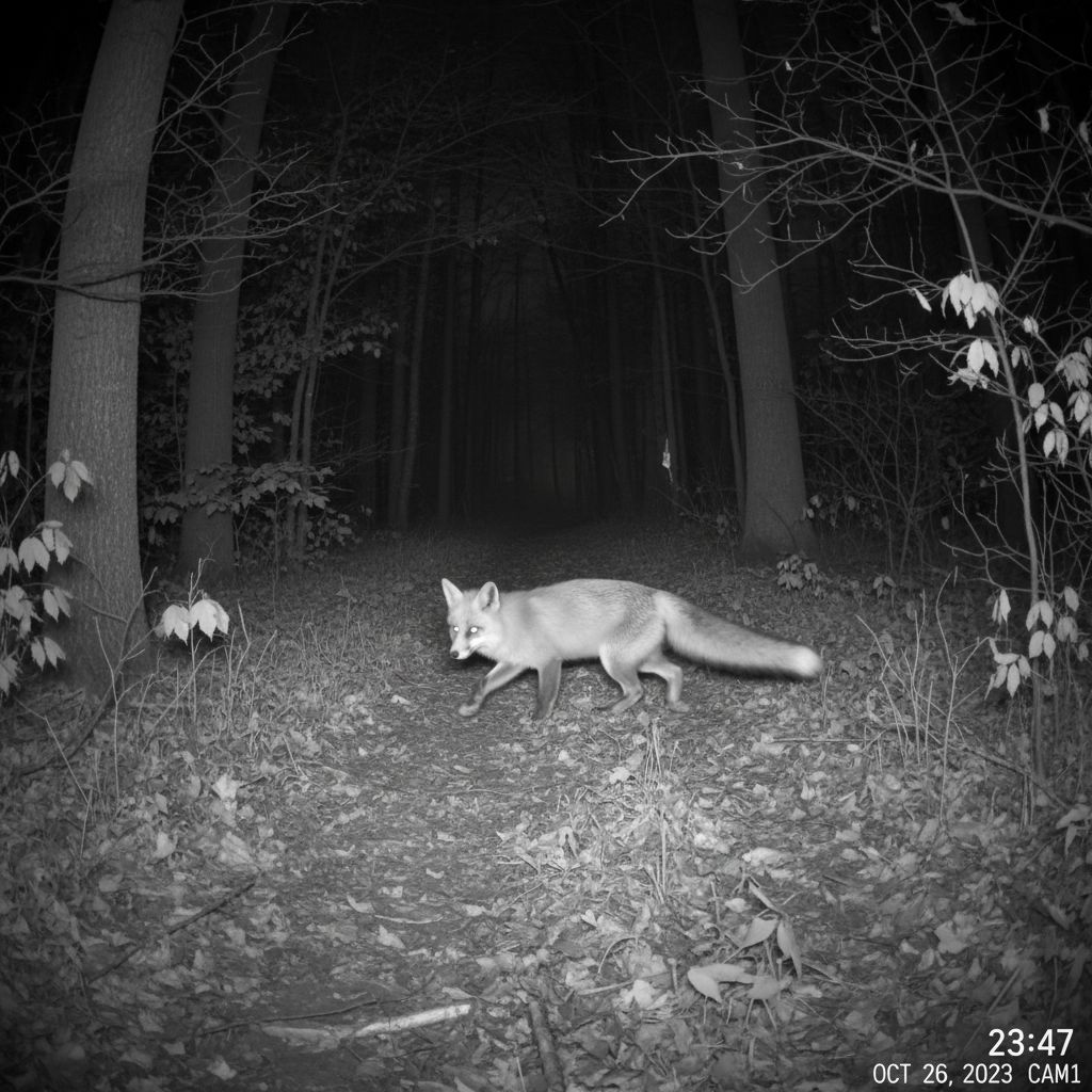 Fuchs auf Wildwechsel bei Nacht — Infrarot-Aufnahme Wildkamera