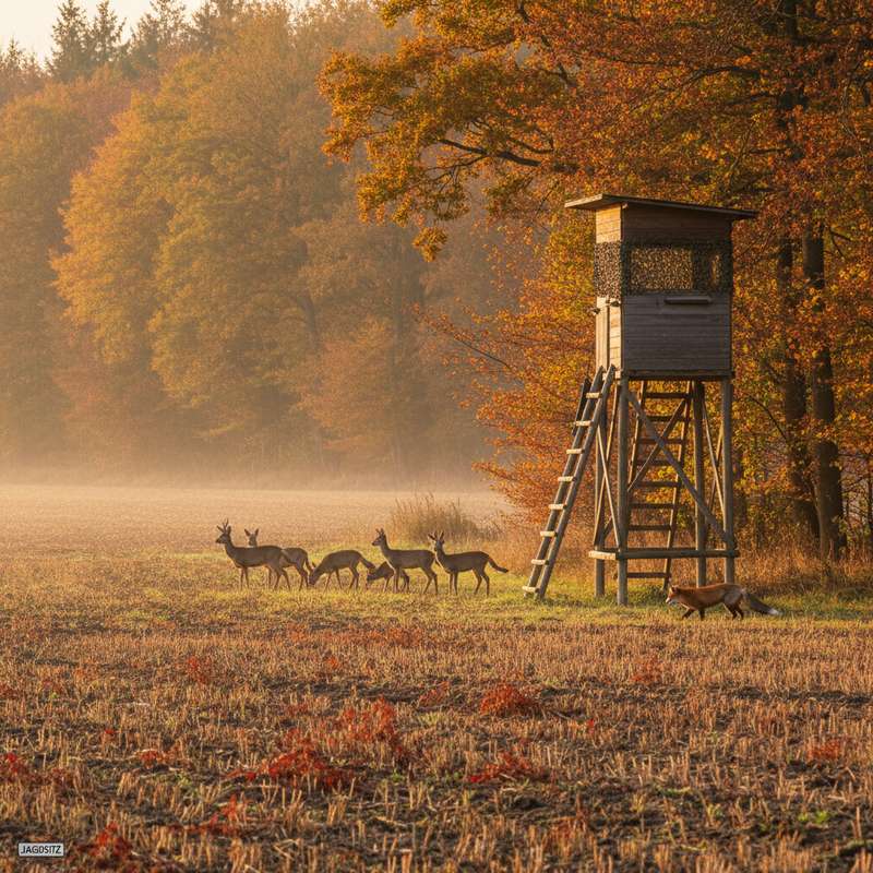 Jagdkanzel am Waldrand im Herbst — idealer Standort für Wildkamera-Einsatz