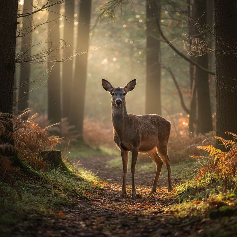 Reh auf Waldpfad im Morgenlicht — typische Wildkamera-Aufnahme am Ansitz