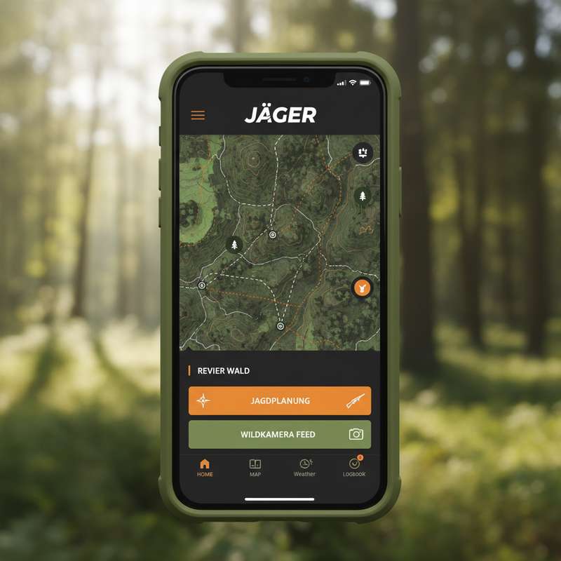 Jäger mit Smartphone im Revier — Wildkamera Jagd-Apps Vergleich 2026