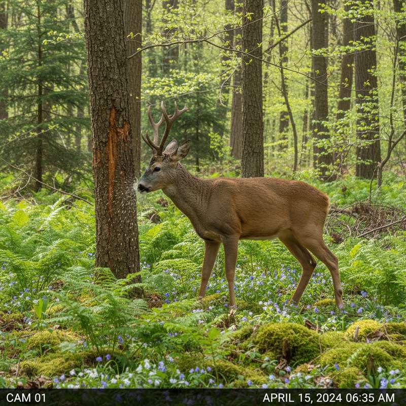 Rehbock fegt Geweih an Baum — Wildkamera Fegebock-Monitoring 2026