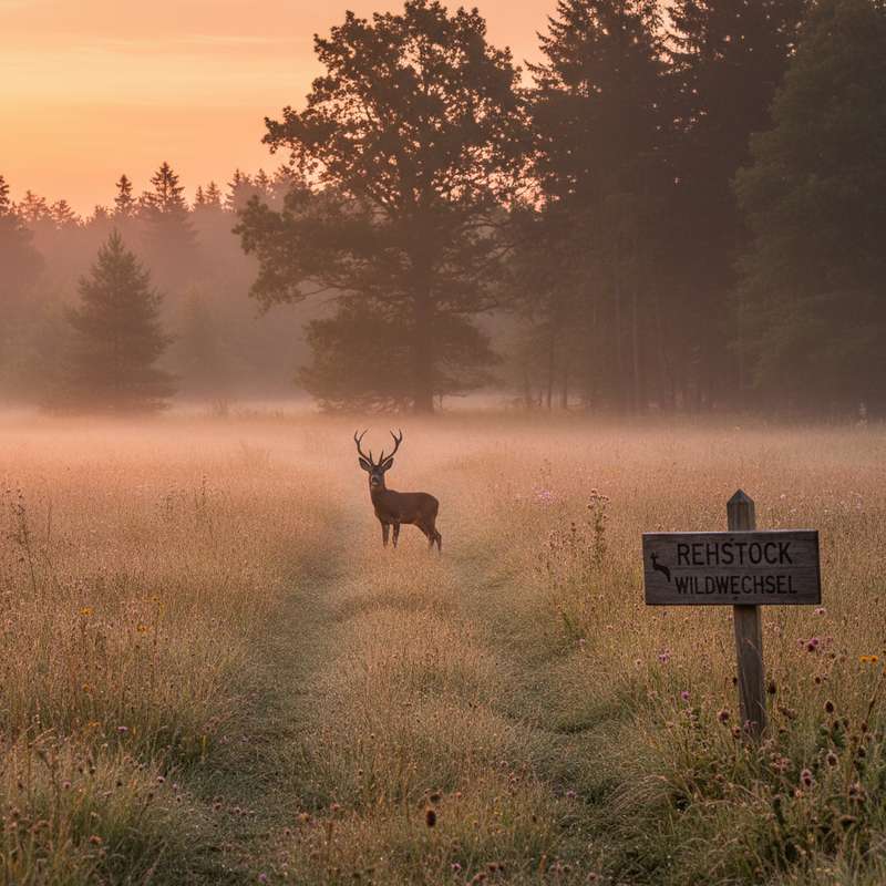 Rehbock auf Wildwechsel Morgenrot — Routen dokumentieren mit Wildkamera