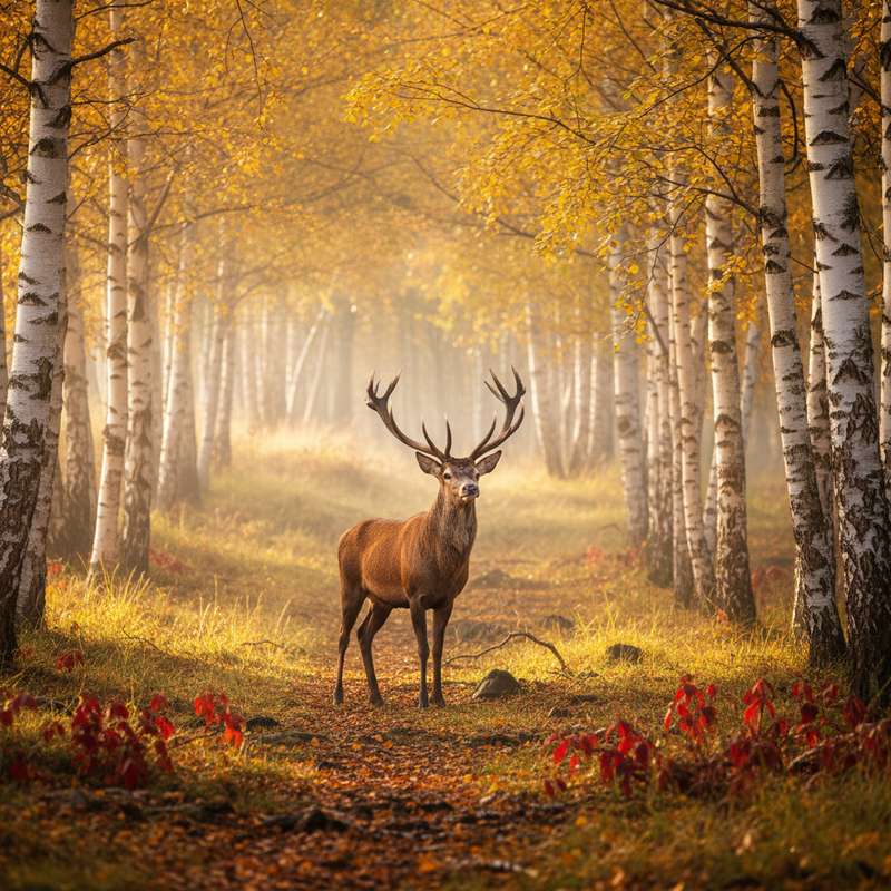 Rothirsch mit markanten Geweihen im Birkenwald im Herbst