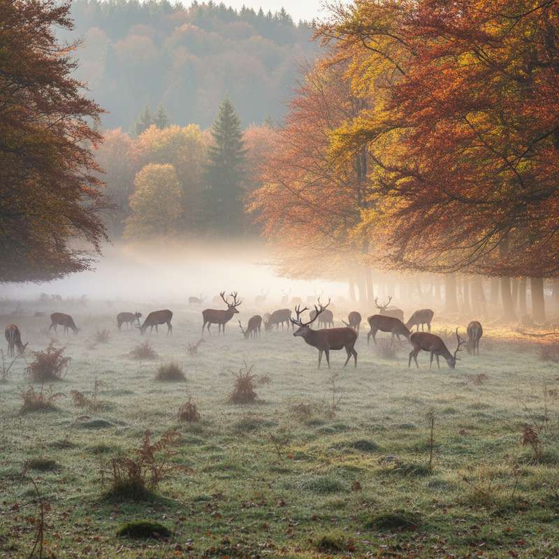 Rotwild-Rudel auf Waldlichtung im Herbstnebel