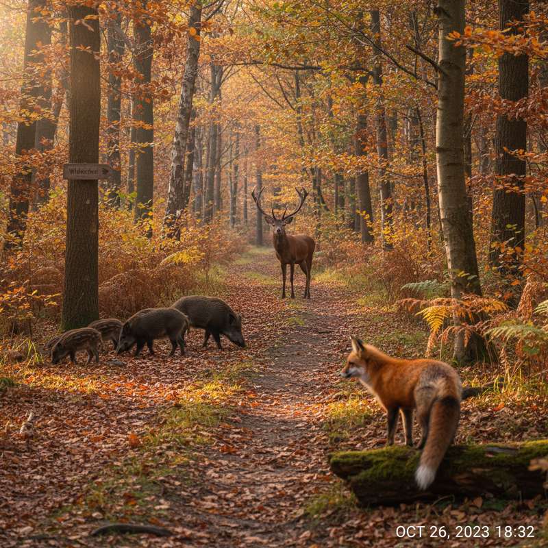 Herbstlicher Waldpfad — idealer Wildkamera-Standort für Rotwild-Brunft