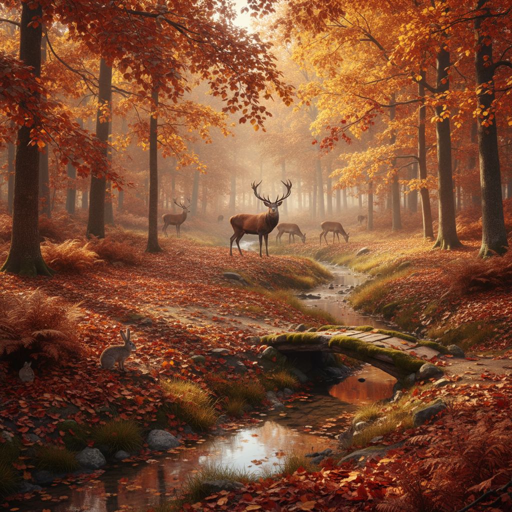 Herbstlicher Wald mit Rotwild Wildkamera-Szene