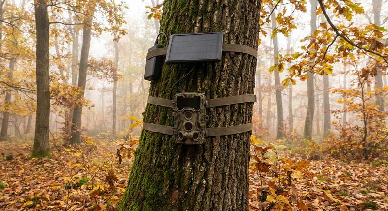 Wildkamera im Wald montiert — professioneller Einsatz