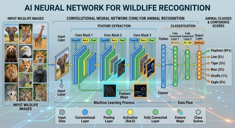 Wildkamera KI Deep Learning neuronales Netz Tierkennung Schema
