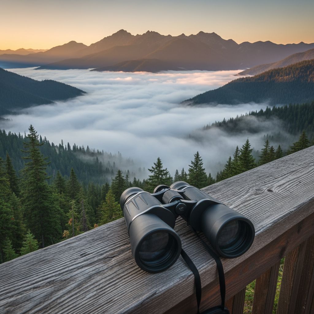 Fernglas auf Waldgeländer Bergtal Aussicht