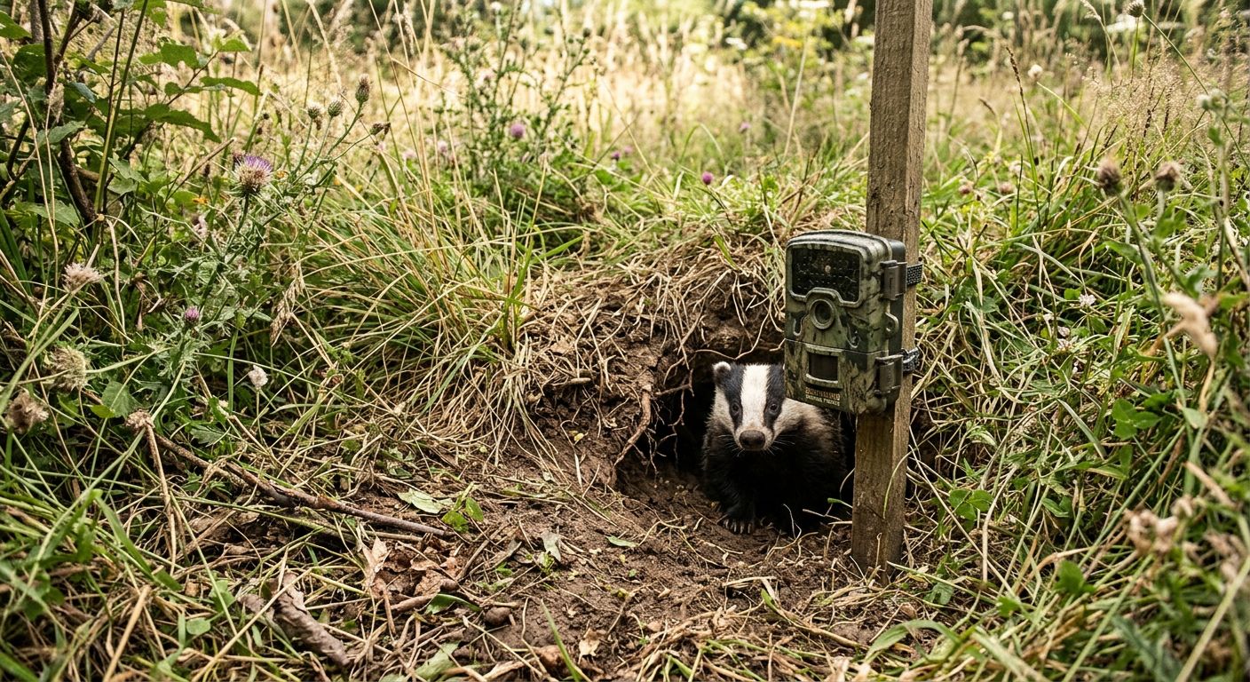 Wildkamera Setup für Feldhamster — niedrige Montage am Bau