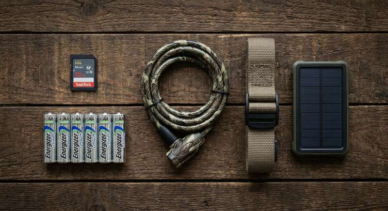 Wildkamera Zubehör Set für Einsteiger — SD-Karte, Batterien, Halterung, Schloss