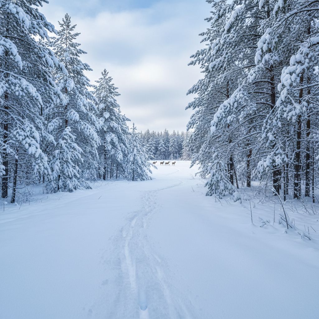 Winterwald Schnee Nacht Wildkamera Szenerie