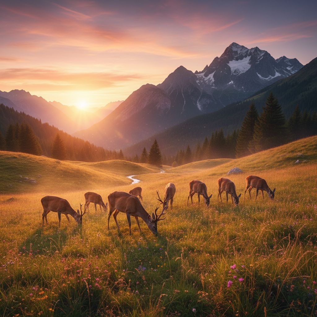 Bergwiese Rotwild-Herde Wildkamera Naturbeobachtung